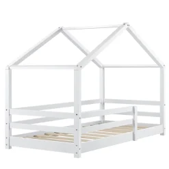 [En.Casa] Lit d'Enfant Maison avec Barreaux de Sécurité Knätten Pin 70 x 140 cm Blanc Mat Laqué en.casa*Enfant Lit Enfant
