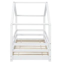 [En.Casa] Lit d'Enfant Maison avec Barreaux de Sécurité Knätten Pin 70 x 140 cm Blanc Mat Laqué en.casa*Enfant Lit Enfant