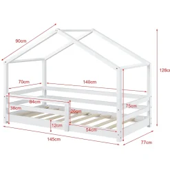 [En.Casa] Lit d'Enfant Maison avec Barreaux de Sécurité Knätten Pin 70 x 140 cm Blanc Mat Laqué en.casa*Enfant Lit Enfant