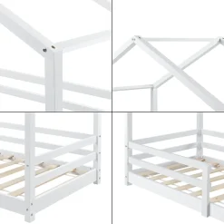 [En.Casa] Lit d'Enfant Maison avec Barreaux de Sécurité Knätten Pin 70 x 140 cm Blanc Mat Laqué en.casa*Enfant Lit Enfant