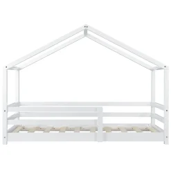 [En.Casa] Lit d'Enfant Maison avec Barreaux de Sécurité Knätten Pin 70 x 140 cm Blanc Mat Laqué en.casa*Enfant Lit Enfant