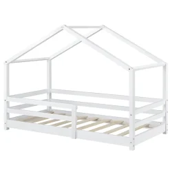 [En.Casa] Lit d'Enfant Maison avec Barreaux de Sécurité Knätten Pin 70 x 140 cm Blanc Mat Laqué en.casa*Enfant Lit Enfant