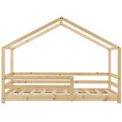 [En.Casa] Lit d'Enfant Maison avec Barreaux de Sécurité Knätten Pin 70 x 140 cm Bois Naturel en.casa*Enfant Lit Enfant