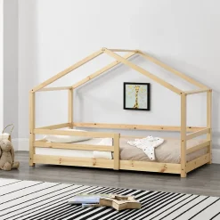 [En.Casa] Lit d'Enfant Maison avec Barreaux de Sécurité Knätten Pin 70 x 140 cm Bois Naturel en.casa*Enfant Lit Enfant