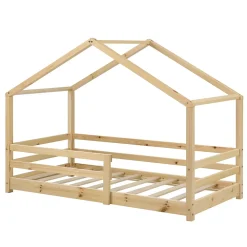 [En.Casa] Lit d'Enfant Maison avec Barreaux de Sécurité Knätten Pin 70 x 140 cm Bois Naturel en.casa*Enfant Lit Enfant