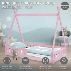 Ml-Design Lit d'enfant Tipi 80x160cm rose en bois de pin massif style indien avec sommier matelas*Enfant Lit Enfant