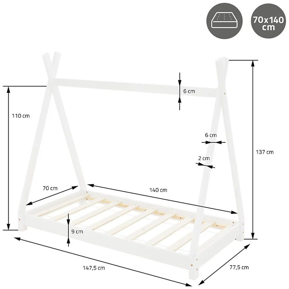 Lit d'enfant Tipi 70x140 cm blanc simple en bois de pin sommier à lattes style indien>Ml-Design Clearance
