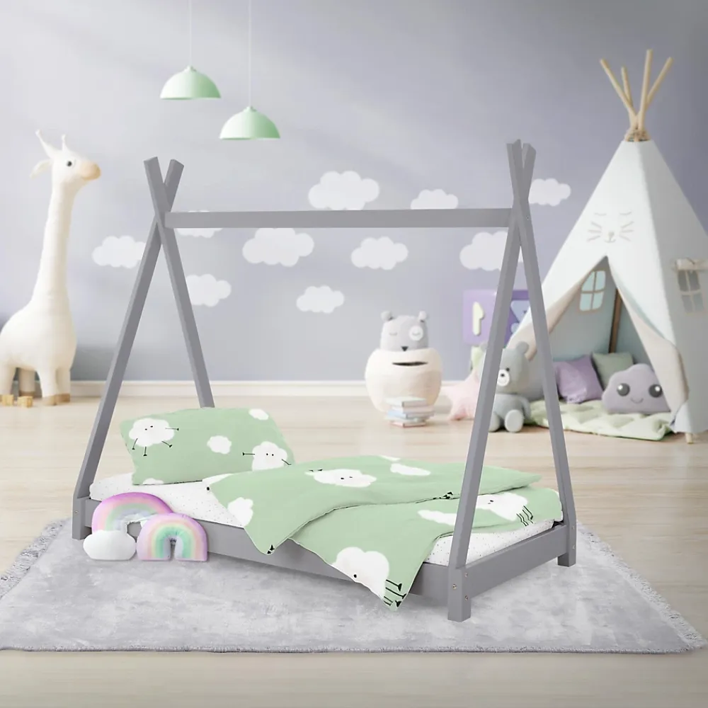 Ml-Design Lit d'enfant Tipi 70x140 cm gris clair simple en bois de pin sommier à lattes style indien*Enfant Lit Enfant
