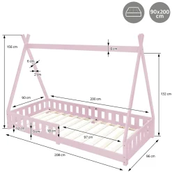 Ml-Design Lit d'enfant Tipi 90x200 cm rose cadre en bois de pin style indien avec matelas H:10 cm*Enfant Lit Enfant