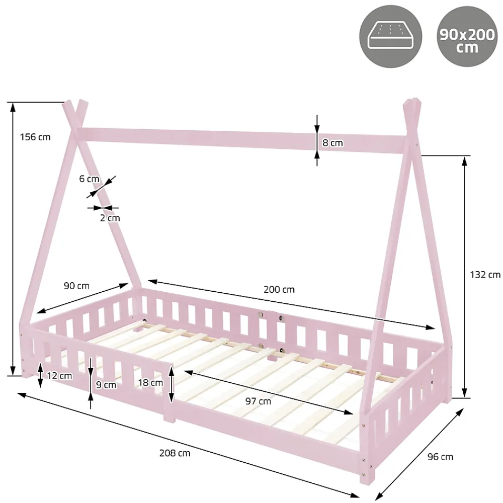 Ml-Design Lit d'enfant Tipi 90x200 cm rose cadre en bois de pin style indien avec matelas H:10 cm*Enfant Lit Enfant