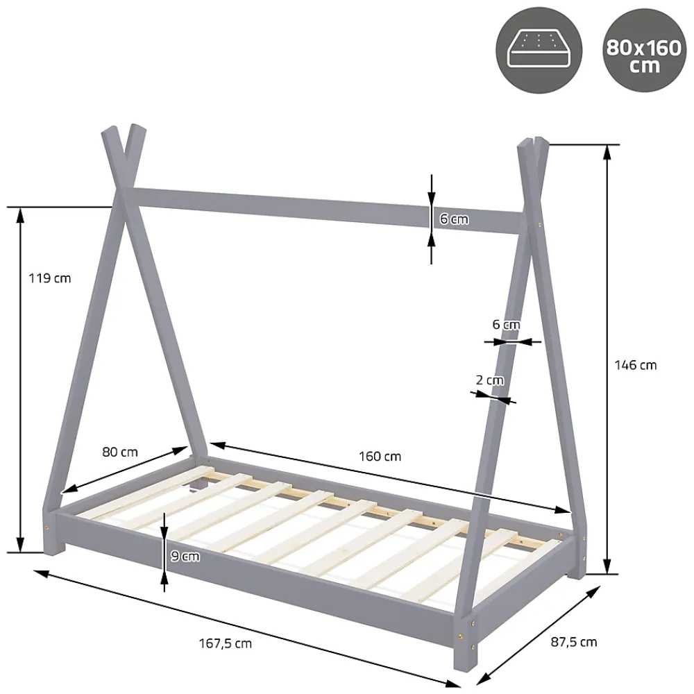 Ml-Design Lit d'enfant Tipi 80x160 cm gris clair simple bois de pin avec sommier lattes style indien*Enfant Lit Enfant
