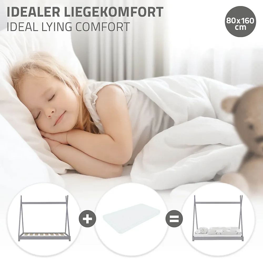 Ml-Design Lit d'enfant Tipi 80x160 cm gris clair simple bois de pin avec sommier lattes style indien*Enfant Lit Enfant