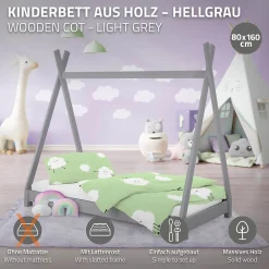 Ml-Design Lit d'enfant Tipi 80x160 cm gris clair simple bois de pin avec sommier lattes style indien*Enfant Lit Enfant