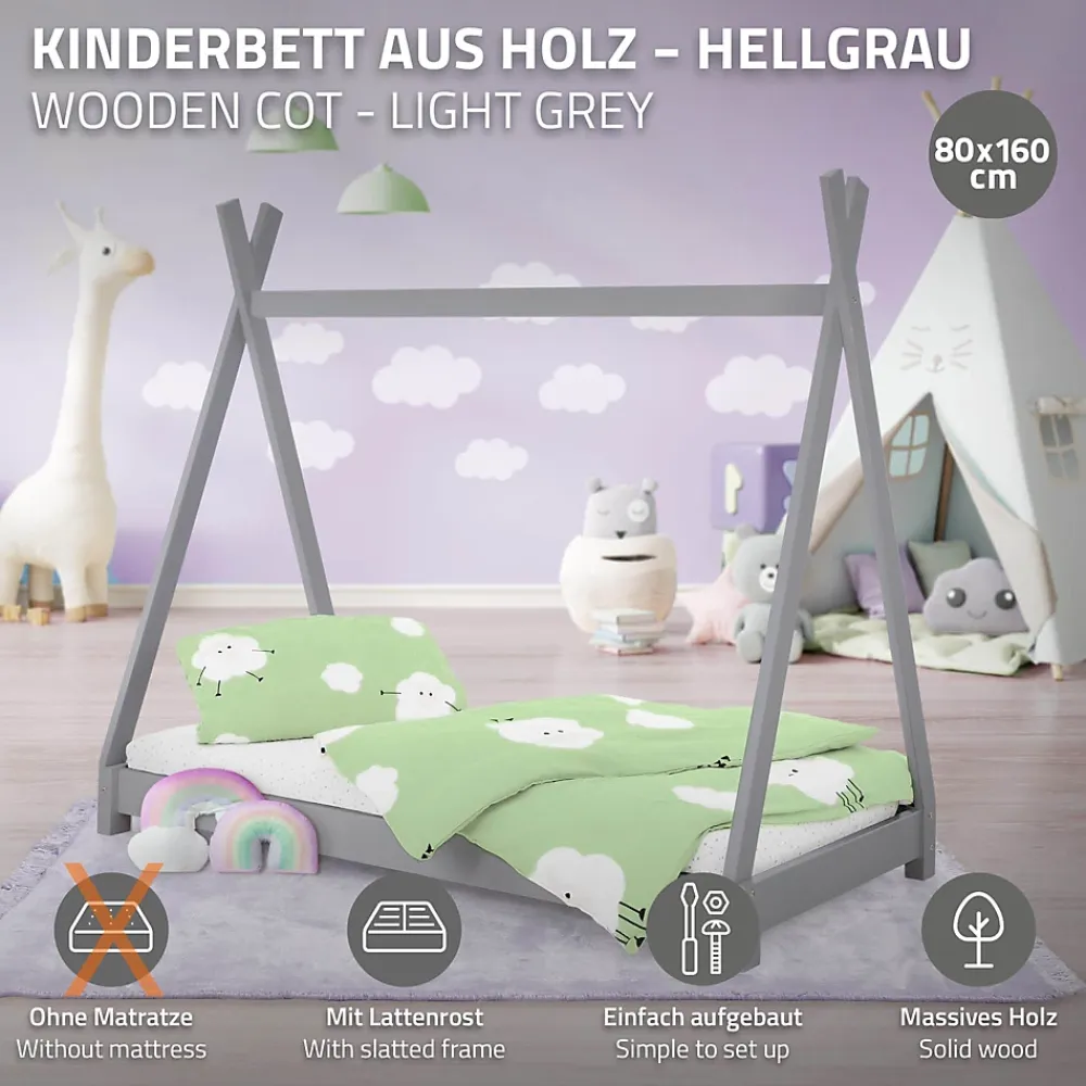 Ml-Design Lit d'enfant Tipi 80x160 cm gris clair simple bois de pin avec sommier lattes style indien*Enfant Lit Enfant