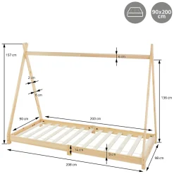 Ml-Design Lit d'enfant Tipi 90x200 cm naturel simple bois de pin avec sommier à lattes style indien*Enfant Lit Enfant