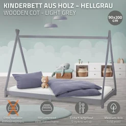 Lit d'enfant Tipi 90x200 cm gris clair simple en bois de pin sommier à lattes style indien>Ml-Design Sale