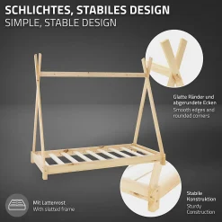 Lit d'enfant Tipi 70x140cm naturel en bois de pin massif avec sommier matelas style indien><noscript><img width=