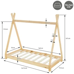 Lit d'enfant Tipi 70x140cm naturel en bois de pin massif avec sommier matelas style indien><noscript><img width=