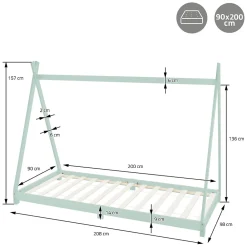 Lit d'enfant Tipi 90x200cm menthe simple en bois de pin avec sommier à lattes style indien><noscript><img width=