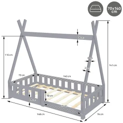 Ml-Design Lit d'enfant Tipi 70x140 cm gris clair en bois de pin avec sommier matelas style indien*Enfant Lit Enfant