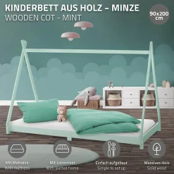 Lit d'enfant Tipi 90x200 cm menthe en bois de pin massif style indien avec matelas H:10 cm>Ml-Design Sale