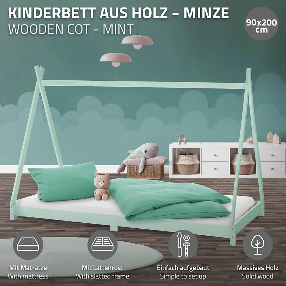 Lit d'enfant Tipi 90x200 cm menthe en bois de pin massif style indien avec matelas H:10 cm>Ml-Design Sale