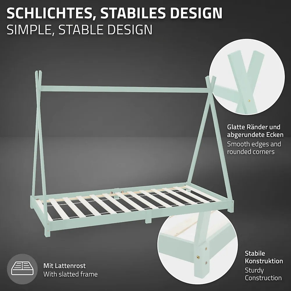 Lit d'enfant Tipi 90x200 cm menthe en bois de pin massif style indien avec matelas H:10 cm>Ml-Design Sale