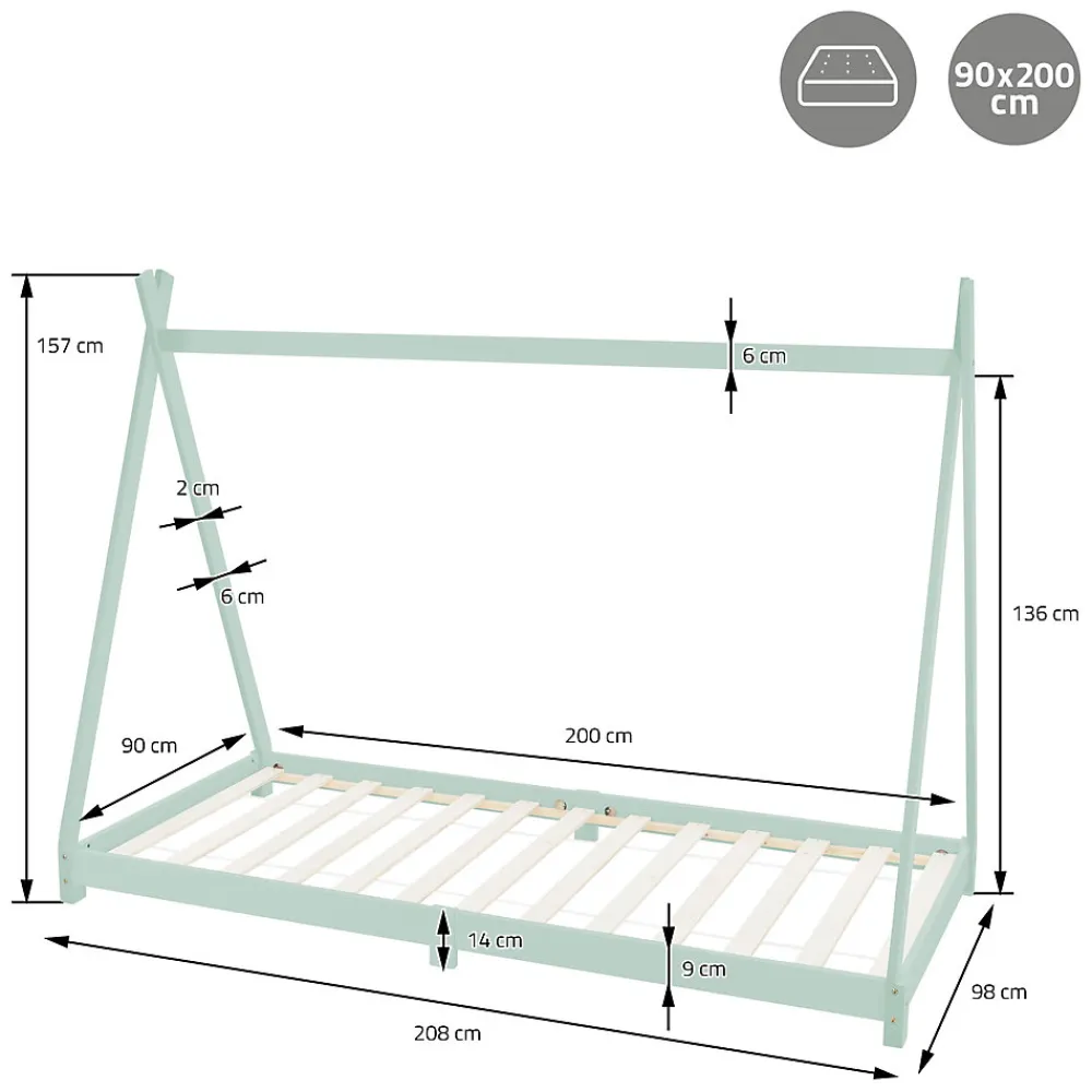 Lit d'enfant Tipi 90x200 cm menthe en bois de pin massif style indien avec matelas H:10 cm>Ml-Design Sale