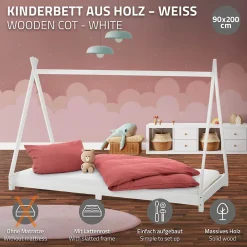 Ml-Design Lit d'enfant Tipi 90x200 cm blanc simple en bois de pin avec sommier à lattes style indien*Enfant Lit Enfant