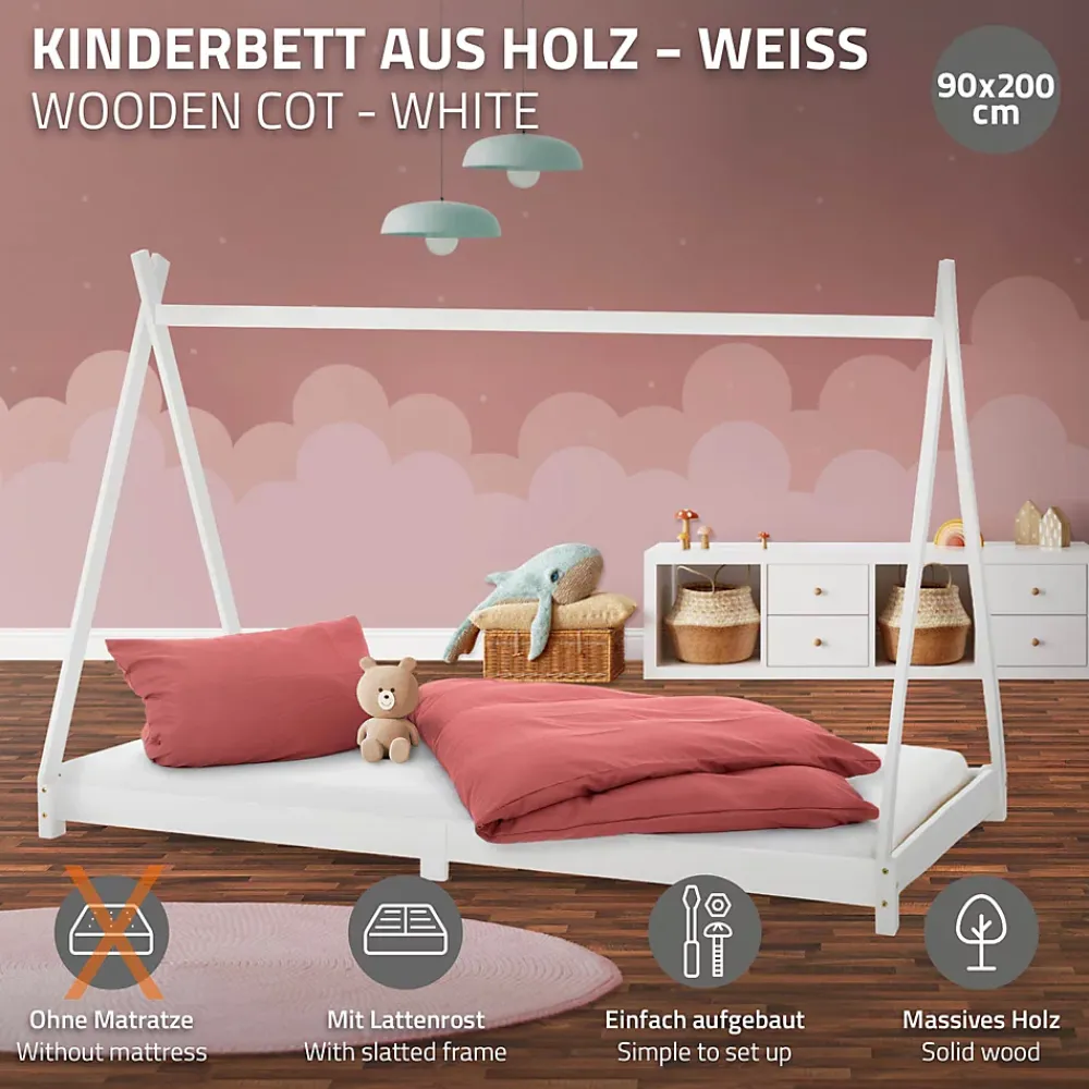 Ml-Design Lit d'enfant Tipi 90x200 cm blanc simple en bois de pin avec sommier à lattes style indien*Enfant Lit Enfant