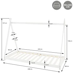 Ml-Design Lit d'enfant Tipi 90x200 cm blanc simple en bois de pin avec sommier à lattes style indien*Enfant Lit Enfant