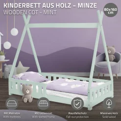 Lit d'enfant Tipi 80x160cm menthe en bois de pin massif style indien avec sommier matelas>Ml-Design Hot