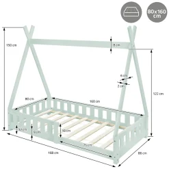 Lit d'enfant Tipi 80x160cm menthe en bois de pin massif style indien avec sommier matelas><noscript><img width=