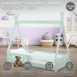 Lit d'enfant Tipi 70x140 cm menthe en bois de pin massif avec sommier matelas style indien>Ml-Design Clearance