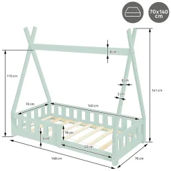 Lit d'enfant Tipi 70x140 cm menthe en bois de pin massif avec sommier matelas style indien><noscript><img width=