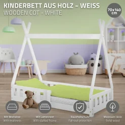 Ml-Design Lit d'enfant Tipi 70x140 cm blanc en bois de pin massif avec sommier matelas style indien*Enfant Lit Enfant