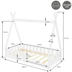 Ml-Design Lit d'enfant Tipi 70x140 cm blanc en bois de pin massif avec sommier matelas style indien*Enfant Lit Enfant