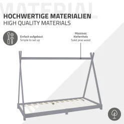 Ml-Design Lit d'enfant Tipi 90x200 cm gris clair en bois de pin massif style indien matelas H:10 cm*Enfant Lit Enfant