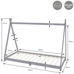 Ml-Design Lit d'enfant Tipi 90x200 cm gris clair en bois de pin massif style indien matelas H:10 cm*Enfant Lit Enfant