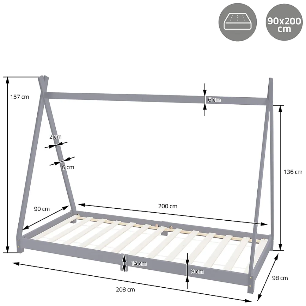 Ml-Design Lit d'enfant Tipi 90x200 cm gris clair en bois de pin massif style indien matelas H:10 cm*Enfant Lit Enfant