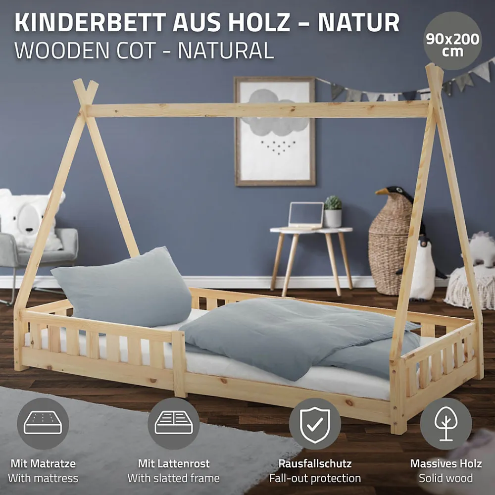 Lit d'enfant Tipi 90x200 cm naturel cadre en bois de pin style indien avec matelas H:10 cm>Ml-Design Clearance