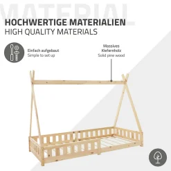 Lit d'enfant Tipi 90x200 cm naturel cadre en bois de pin style indien avec matelas H:10 cm><noscript><img width=