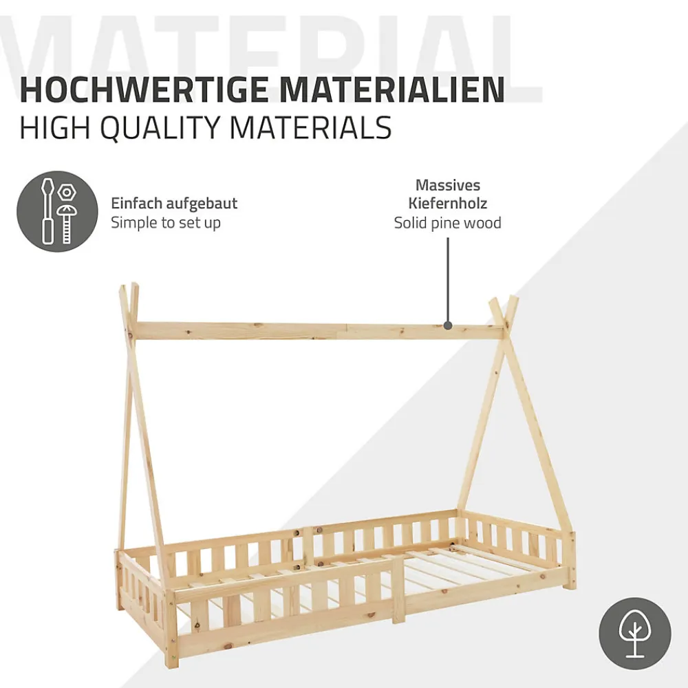 Lit d'enfant Tipi 90x200 cm naturel cadre en bois de pin style indien avec matelas H:10 cm>Ml-Design Clearance