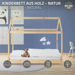 Lit d'enfant 80x160 cm naturel en bois de pin massif style maison avec sommier et matelas>Ml-Design Online