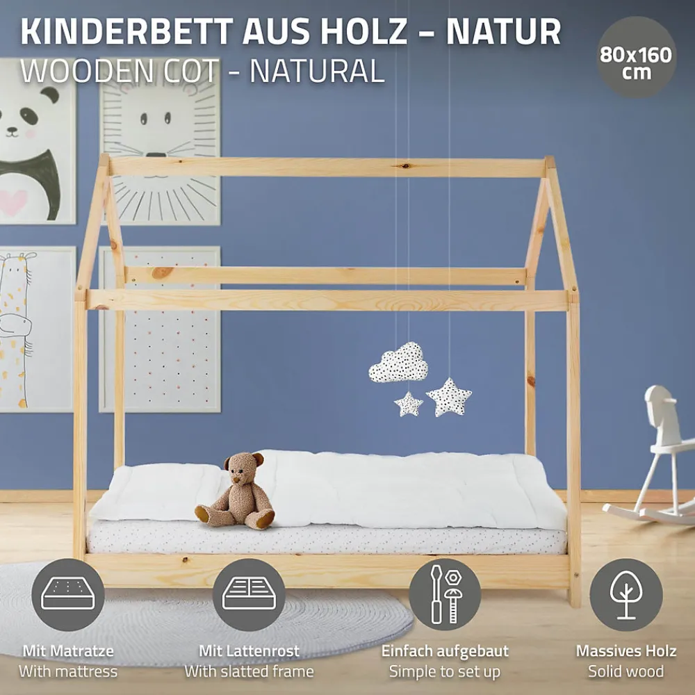 Lit d'enfant 80x160 cm naturel en bois de pin massif style maison avec sommier et matelas>Ml-Design Online