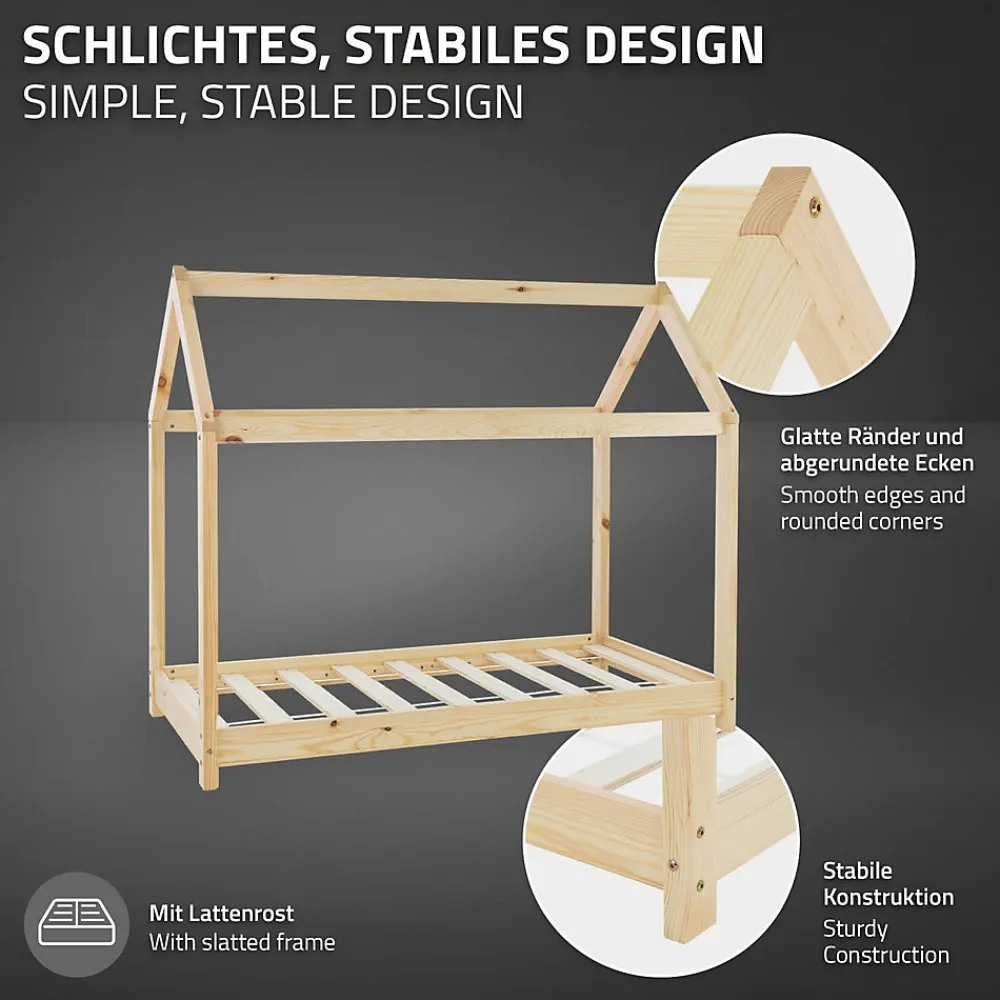 Lit d'enfant 80x160 cm naturel en bois de pin massif style maison avec sommier et matelas>Ml-Design Online