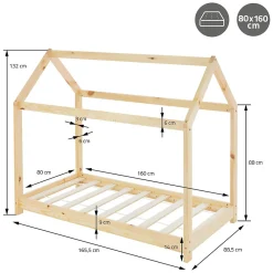 Lit d'enfant 80x160 cm naturel en bois de pin massif style maison avec sommier et matelas><noscript><img width=