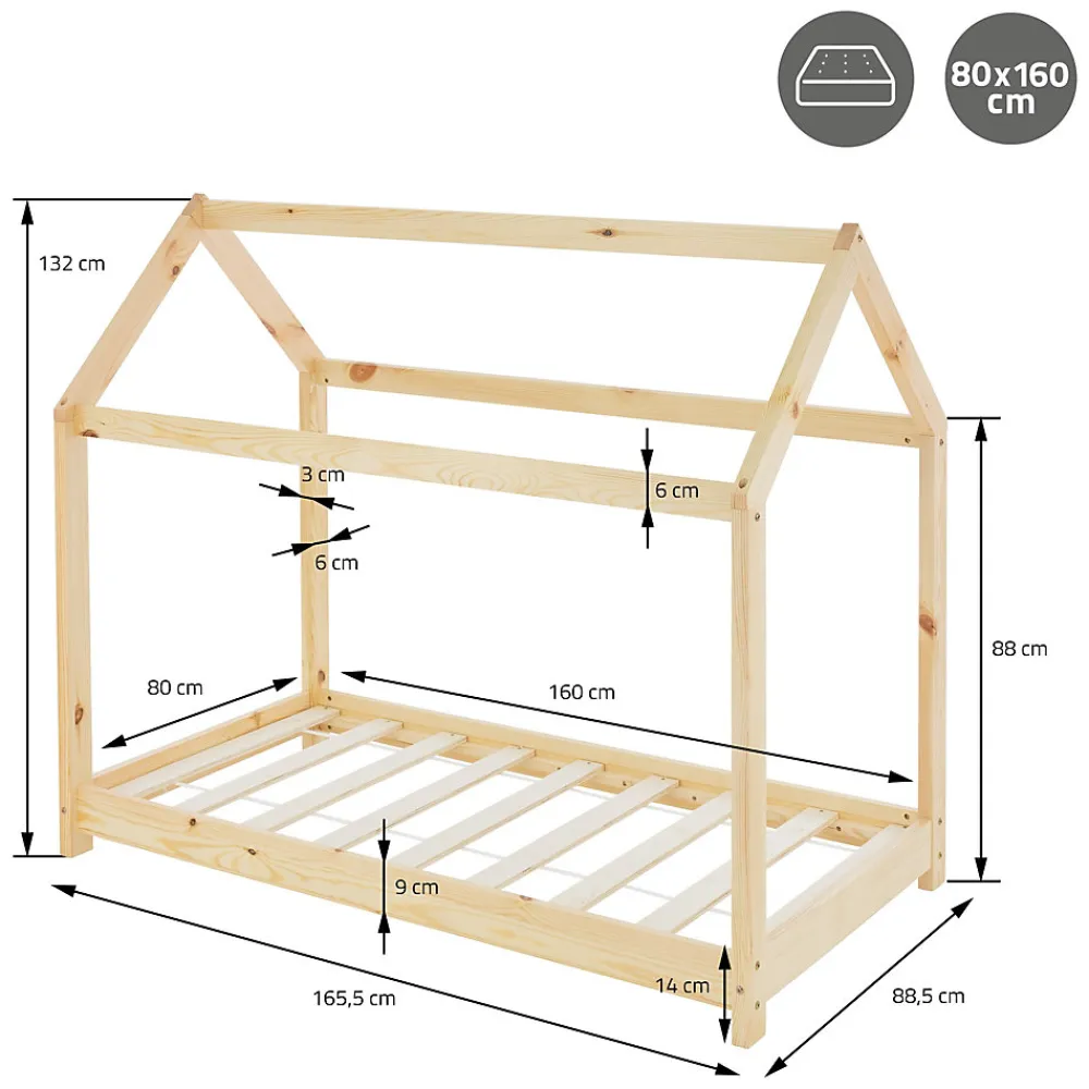 Lit d'enfant 80x160 cm naturel en bois de pin massif style maison avec sommier et matelas>Ml-Design Online