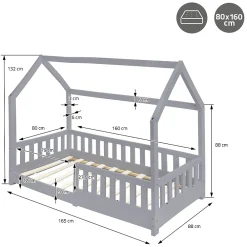 Ml-Design Lit d'enfant 80x160 cm gris clair bois de pin massif style maison avec sommier et matelas*Enfant Lit Enfant