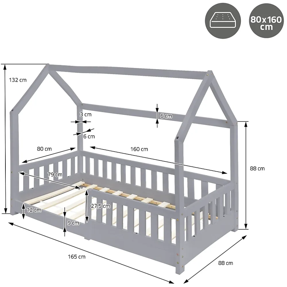 Ml-Design Lit d'enfant 80x160 cm gris clair bois de pin massif style maison avec sommier et matelas*Enfant Lit Enfant